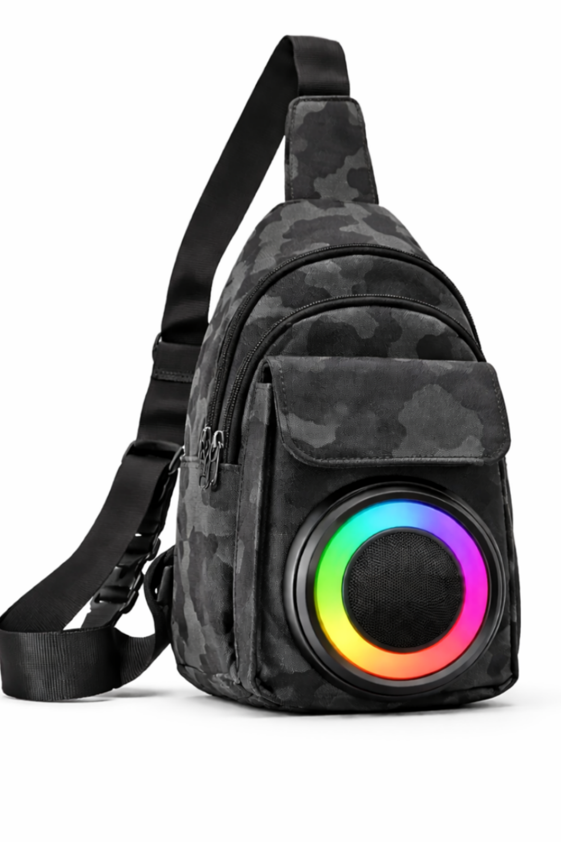 Black camouflage backpack with a colorful LED light on a white background