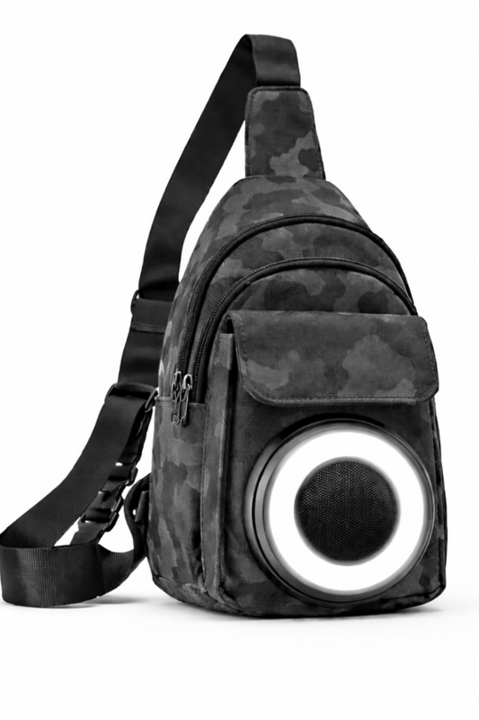 Black camouflage sling bag with a circular design on a white background