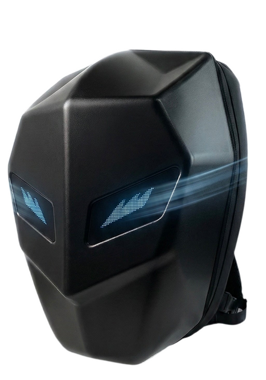 Black backpack with futuristic design and blue accents on a white background