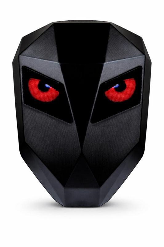Black mask with red eyes on a white background