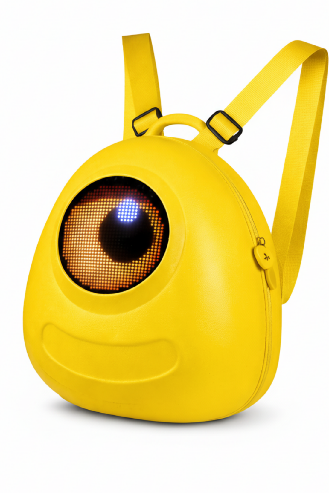 Yellow pet backpack with a design resembling a robot eye on a white background