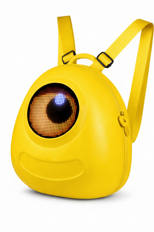Yellow pet backpack with a design resembling a robot eye on a white background