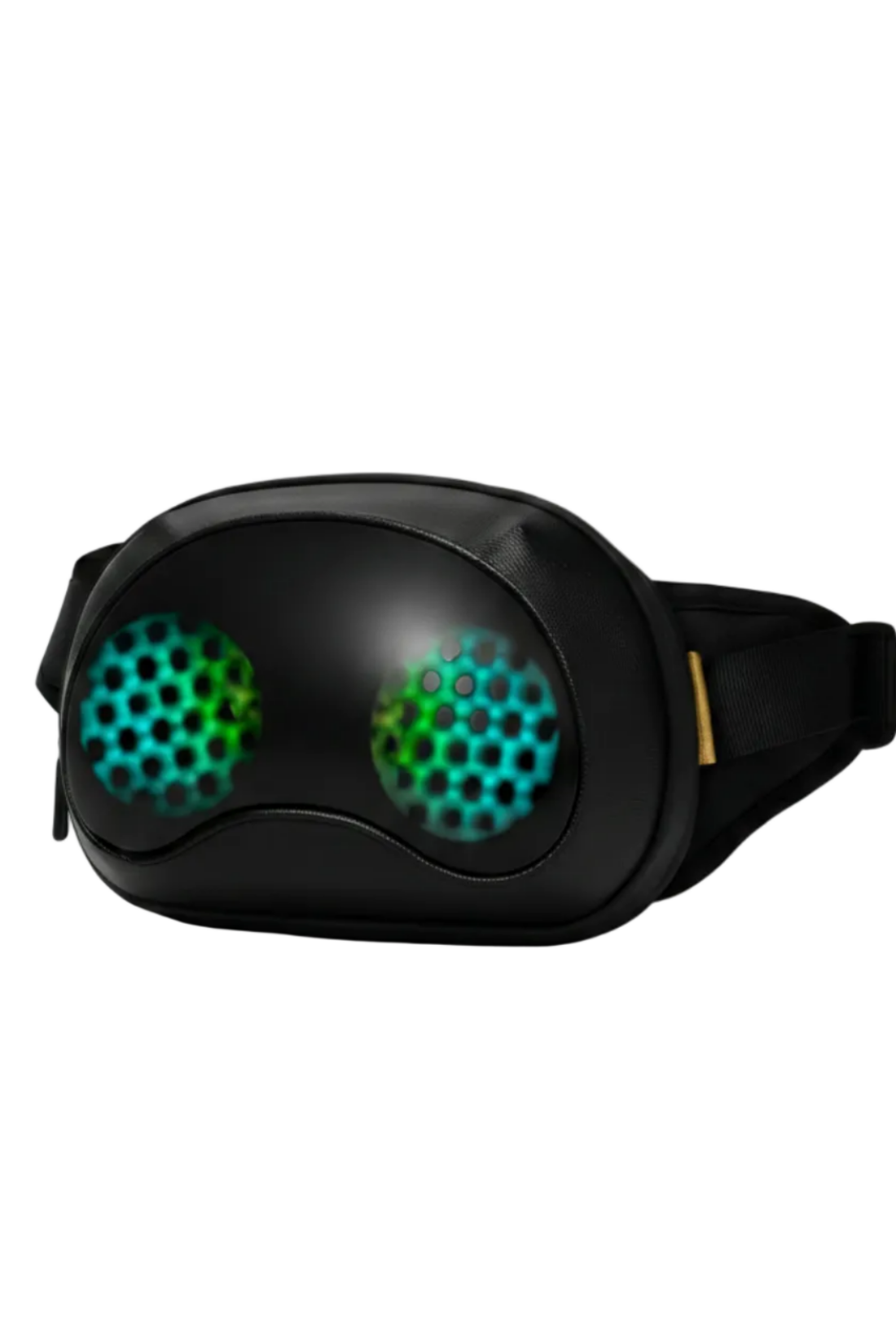 Black eye mask with green honeycomb pattern on a white background