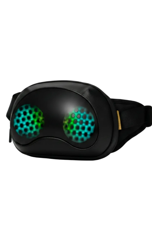 Black eye mask with green honeycomb pattern on a white background