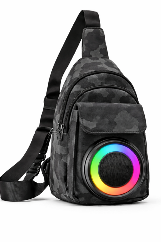 Black camouflage backpack with a colorful LED light on a white background