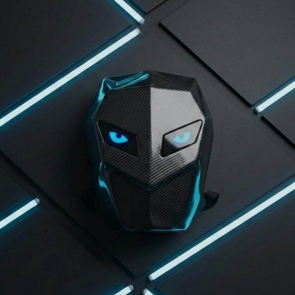 Futuristic helmet with glowing blue eyes on a dark, geometric background